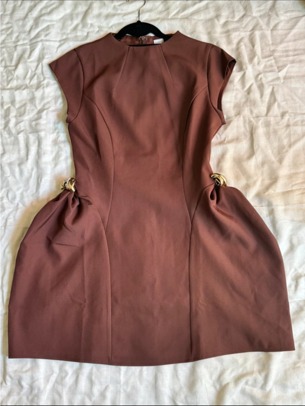 Structured Cap-Sleeve Balloon Mini Dress with Side Ring Detail - Brown